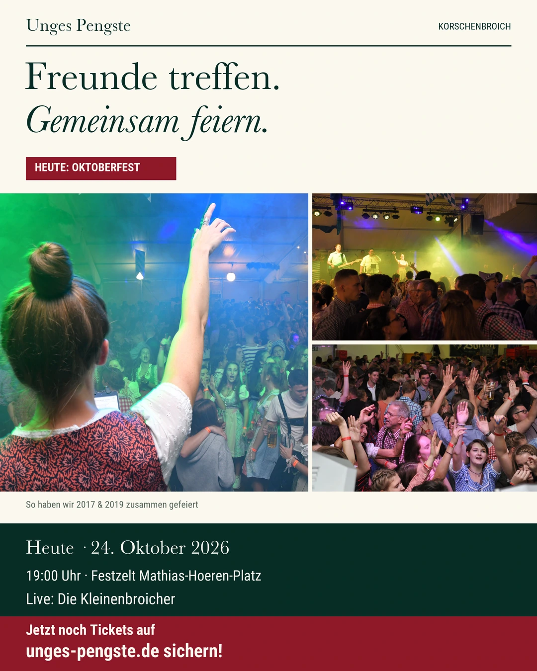 Freunde treffen, gemeinsam feiern: Band und Festzelt-Stimmung bei unseren Oktoberfesten 2017 und 2019., vergrößern