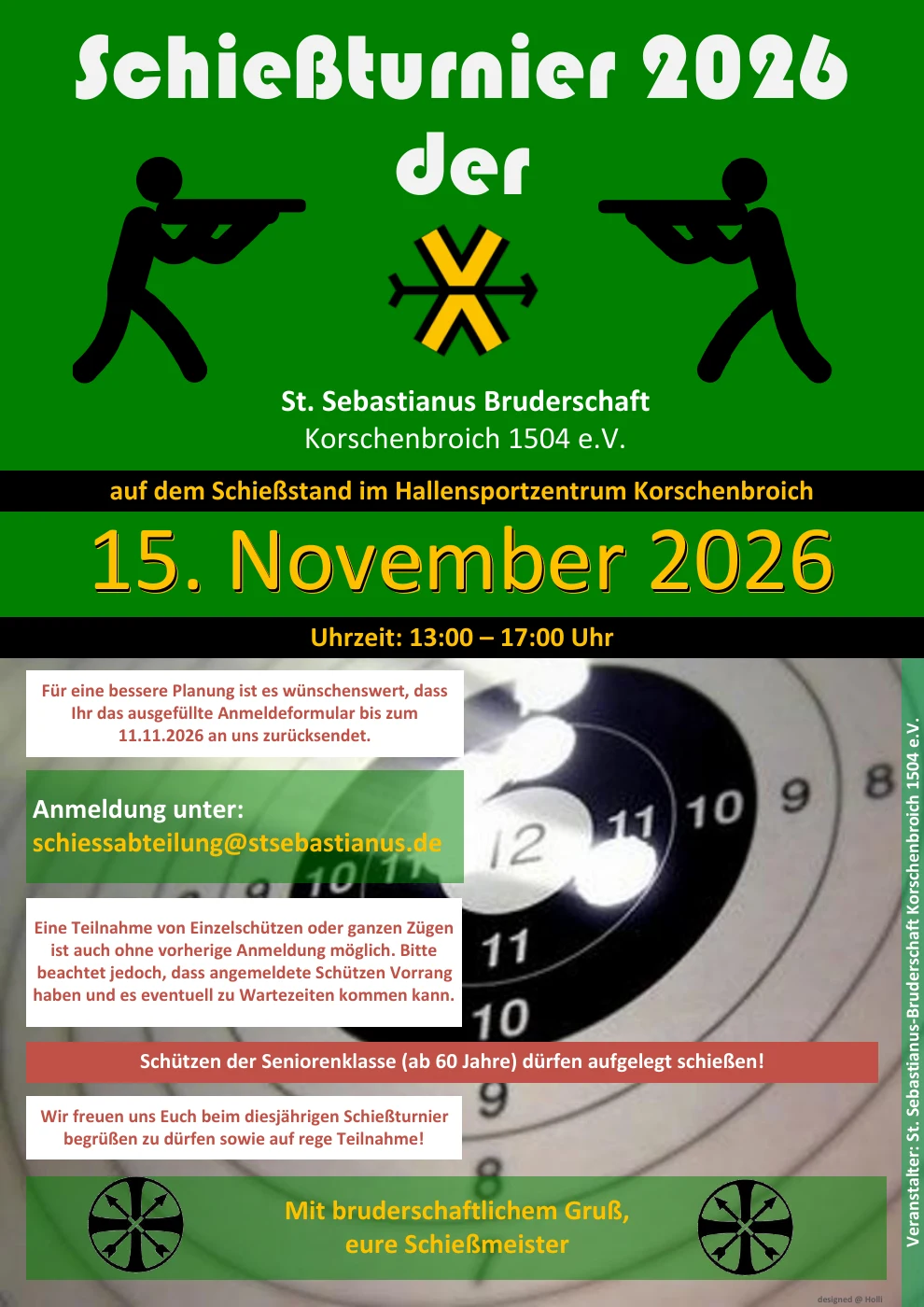 Veranstaltungsplakat zum Schießturnier am 15. November 2026, von 13 bis 17 Uhr im Hallensportzentrum Korschenbroich, vergrößern