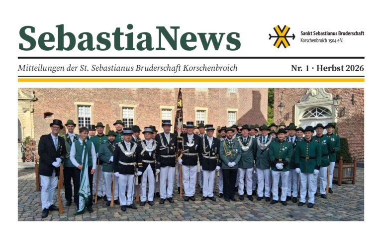 SebastiaNews Nr. 1 Herbst 2026: Titel mit der Abordnung der Korschenbroicher Bruderschaften vor Schloss Anholt